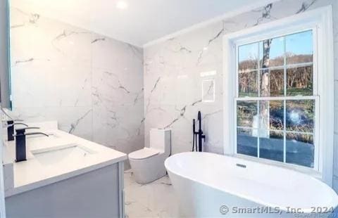 bathroom with vanity, toilet, and a bath