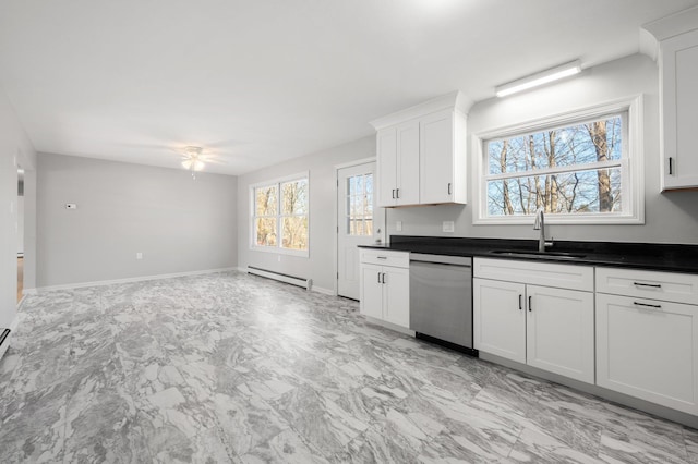 kitchen with white cabinets, ceiling fan, sink, a baseboard radiator, and dishwasher