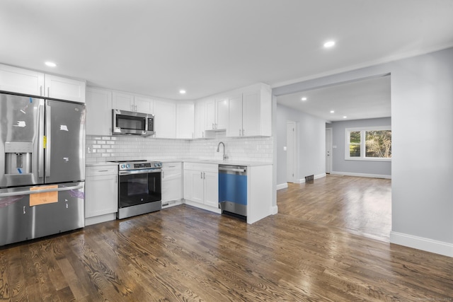 kitchen with white cabinets, dark hardwood / wood-style flooring, stainless steel appliances, and backsplash