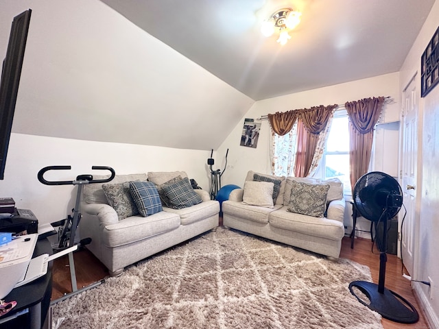 living room with wood-type flooring and vaulted ceiling