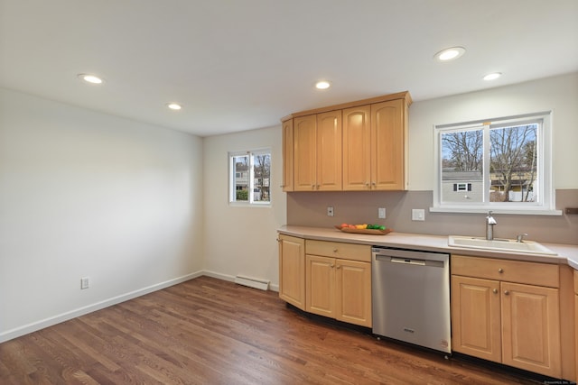 kitchen with dark wood-type flooring, stainless steel dishwasher, a healthy amount of sunlight, and sink