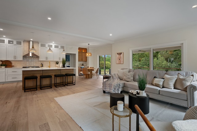 living room featuring crown molding and light hardwood / wood-style floors