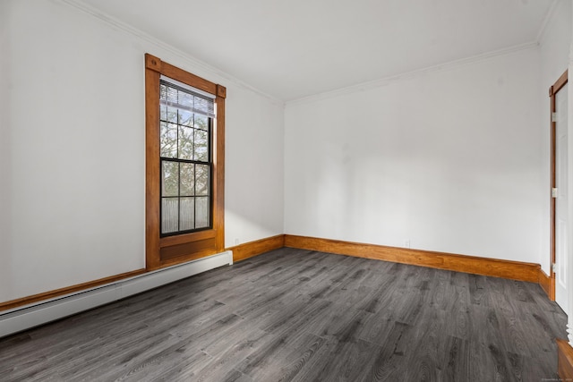 empty room featuring baseboard heating, crown molding, and dark wood-type flooring