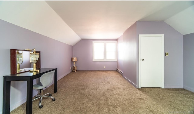 unfurnished office with light carpet, a baseboard radiator, and lofted ceiling