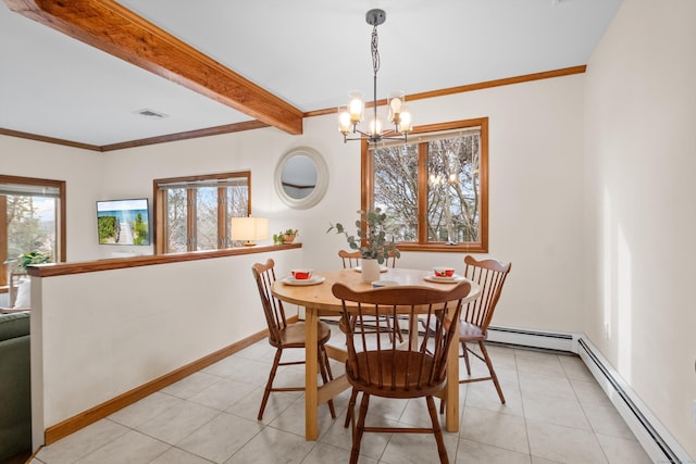 tiled dining room with beamed ceiling, a baseboard radiator, ornamental molding, and a chandelier