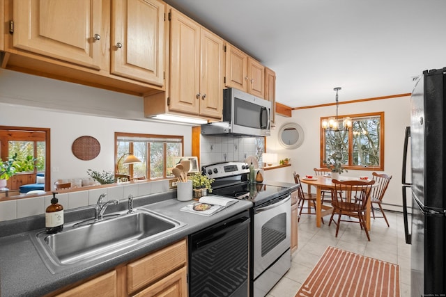 kitchen with sink, tasteful backsplash, ornamental molding, black appliances, and light brown cabinetry