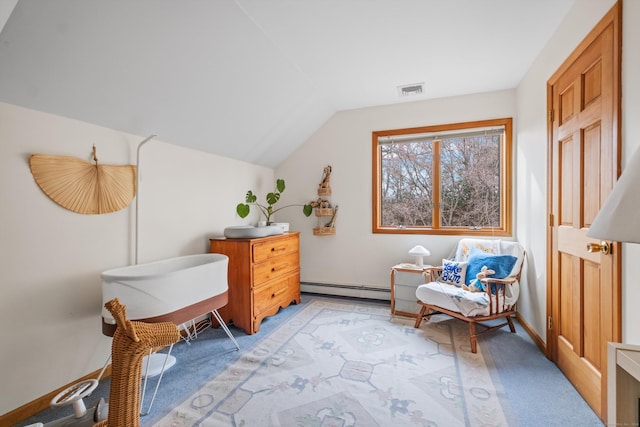 living area featuring lofted ceiling, a baseboard radiator, and light carpet