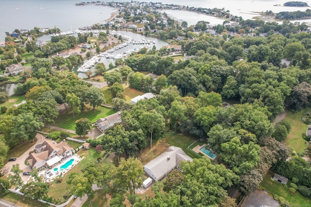 drone / aerial view featuring a water view