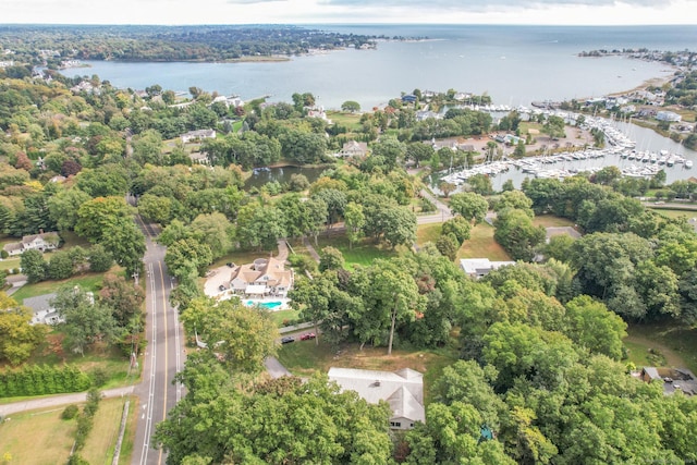 birds eye view of property featuring a water view