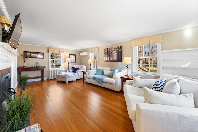 living room with radiator heating unit, wood-type flooring, a wall mounted air conditioner, and ornamental molding