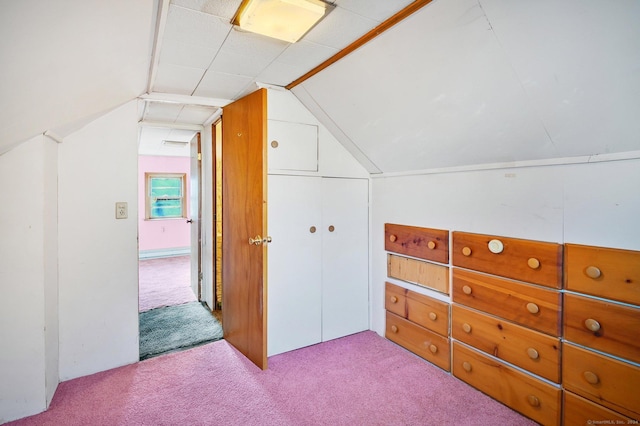 additional living space featuring light colored carpet and vaulted ceiling