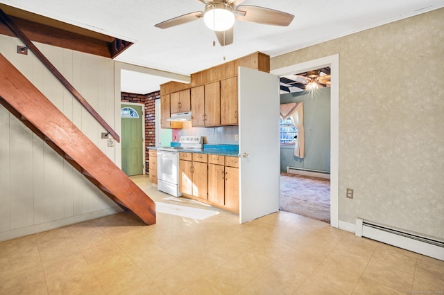 kitchen with white range with electric stovetop, ceiling fan, light colored carpet, and a baseboard heating unit