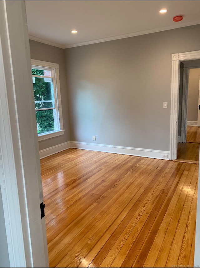 spare room with light hardwood / wood-style floors and ornamental molding