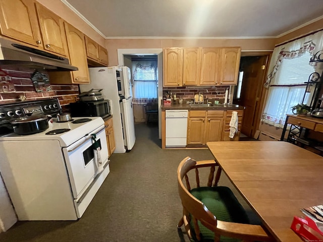 kitchen featuring decorative backsplash, light brown cabinets, white appliances, and ornamental molding