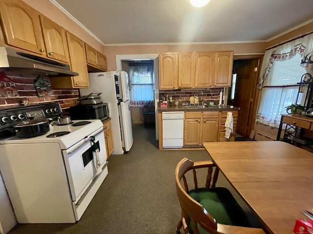 kitchen with decorative backsplash, light brown cabinets, white appliances, and ornamental molding