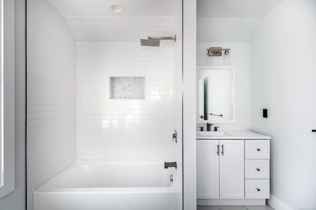 full bathroom with marble finish floor, shower / bathing tub combination, vanity, and baseboards