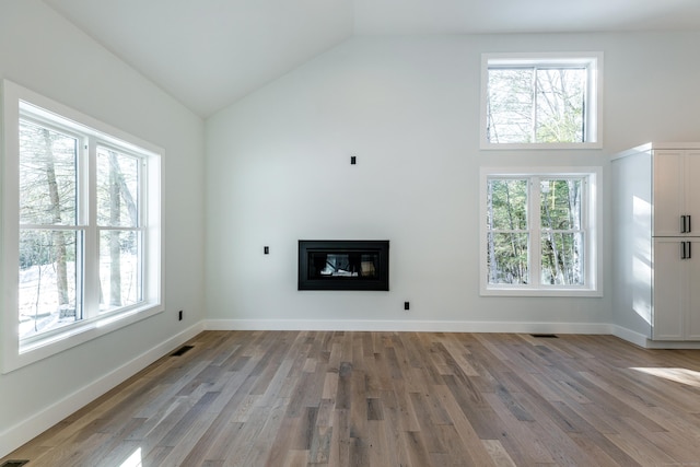 68 Paxton Ct, Goshen, CT 06756 - unfurnished living room with a glass covered fireplace, wood finished floors, and high vaulted ceiling