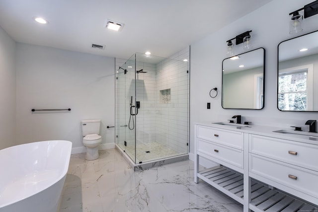 full bath with toilet, recessed lighting, visible vents, marble finish floor, and a stall shower