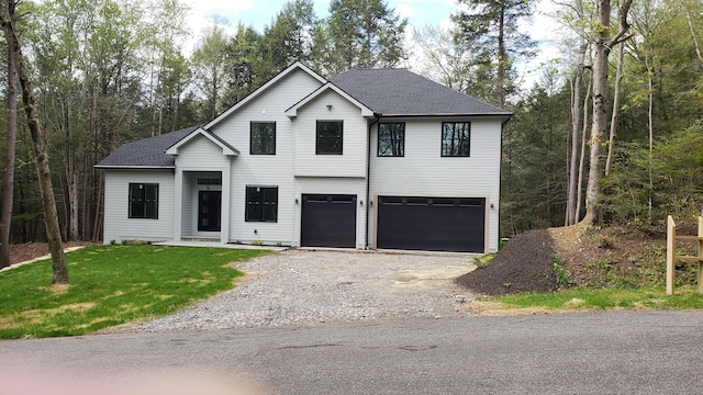 68 Paxton Ct, Goshen, CT 06756 - modern farmhouse style home with a garage, gravel driveway, a front yard, and a shingled roof