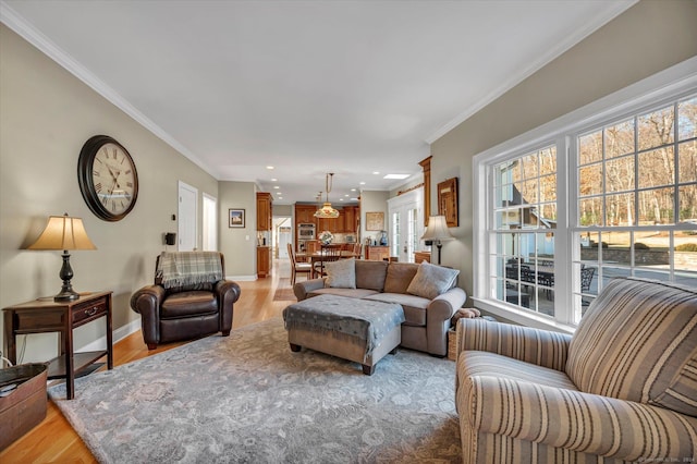 living room featuring light wood-type flooring and ornamental molding