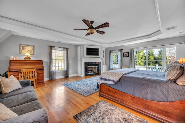 23 Olmstead Rd, East Haddam, CT 06423 - bedroom with a raised ceiling, wood finished floors, a fireplace, baseboards, and a ceiling fan