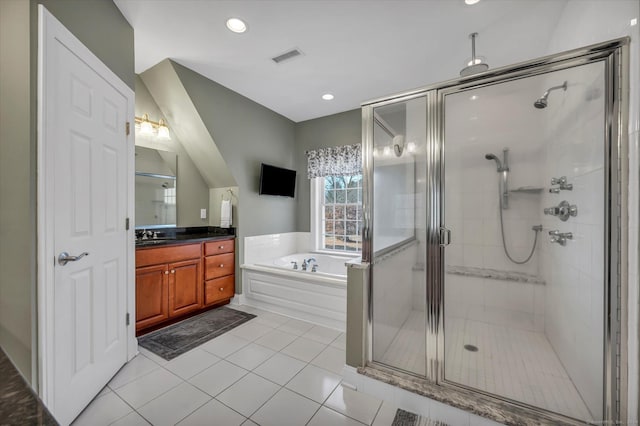 bathroom with vanity, tile patterned floors, and independent shower and bath