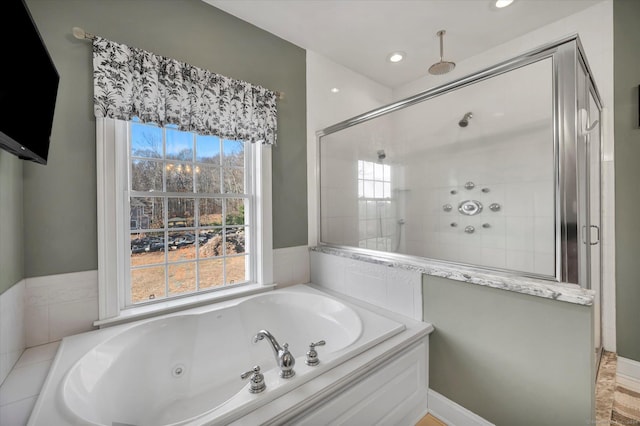 23 Olmstead Rd, East Haddam, CT 06423 - bathroom featuring a shower stall, a whirlpool tub, and recessed lighting