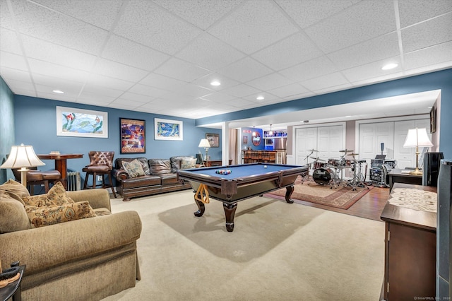 23 Olmstead Rd, East Haddam, CT 06423 - playroom with a paneled ceiling, pool table, carpet floors, and recessed lighting