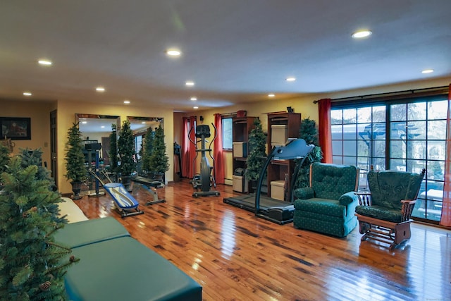 exercise room featuring baseboard heating and hardwood / wood-style flooring