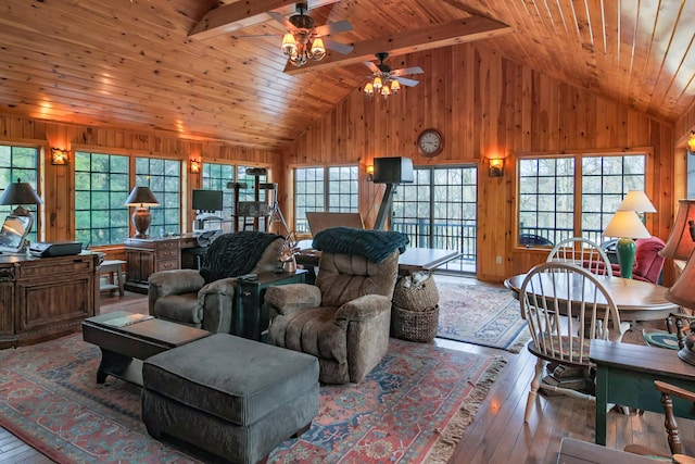 living room featuring beam ceiling, a wealth of natural light, and wood-type flooring