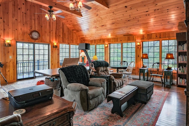 living room with wooden ceiling, high vaulted ceiling, hardwood / wood-style flooring, ceiling fan, and beamed ceiling