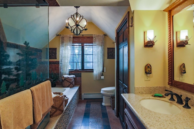 bathroom featuring baseboard heating, tile patterned flooring, a chandelier, toilet, and vanity