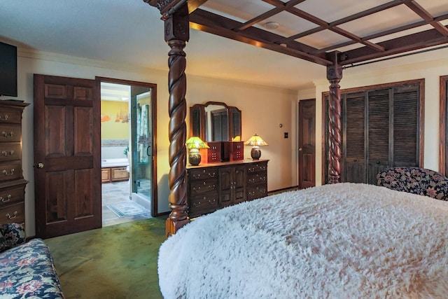 carpeted bedroom with ensuite bathroom, beam ceiling, and coffered ceiling