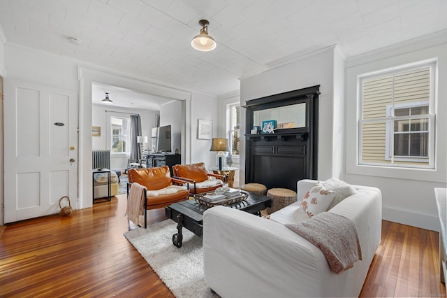 living room featuring radiator heating unit, crown molding, and dark wood-type flooring