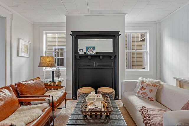 living room featuring crown molding