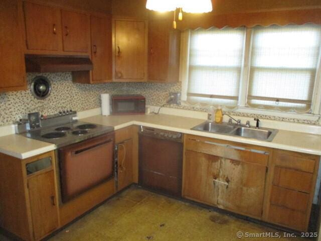 kitchen with sink, black dishwasher, electric range oven, and decorative backsplash