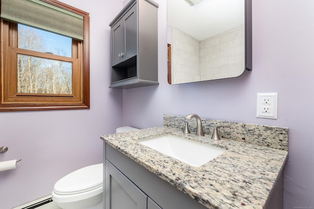 bathroom featuring vanity, a baseboard radiator, and toilet