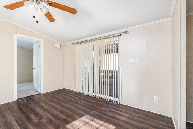 empty room with ceiling fan, dark wood-type flooring, lofted ceiling, and ornamental molding