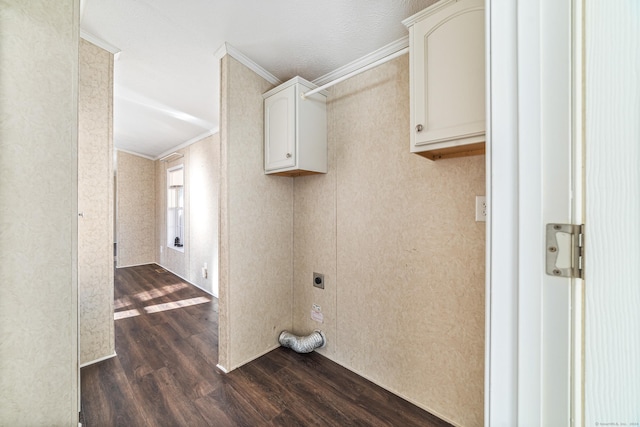 clothes washing area featuring electric dryer hookup, dark hardwood / wood-style floors, and ornamental molding