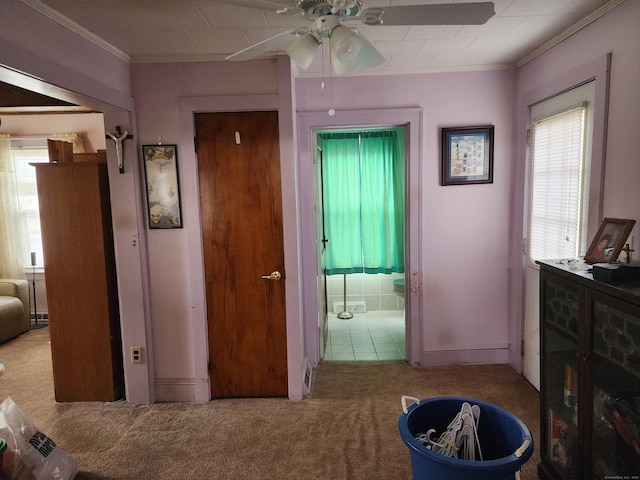 interior space featuring a fireplace, ensuite bathroom, ceiling fan, and crown molding