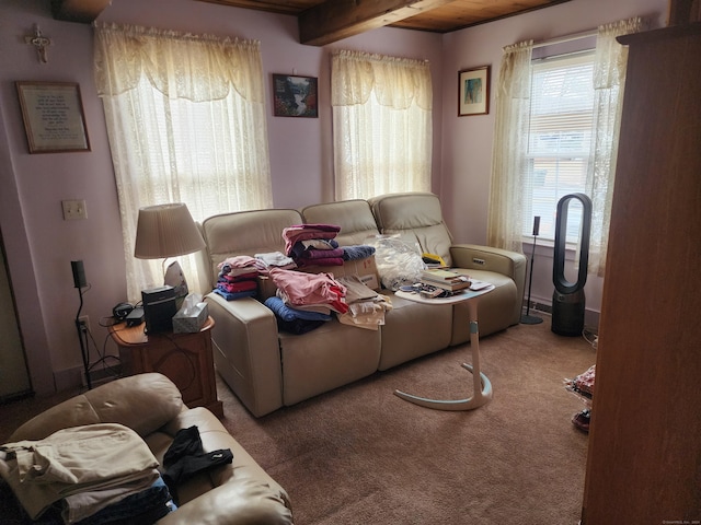 living room featuring carpet flooring, beam ceiling, and wood ceiling