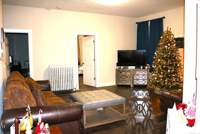 living room featuring radiator and dark hardwood / wood-style floors