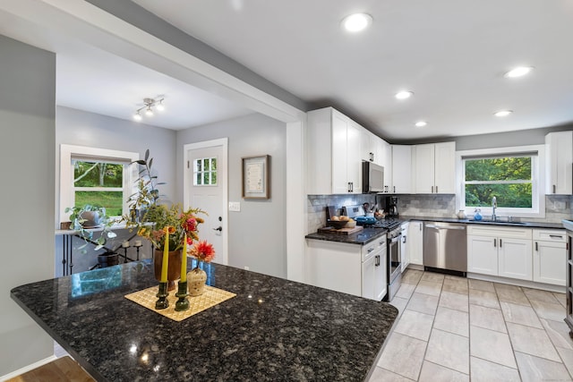 kitchen featuring stainless steel appliances, white cabinetry, and plenty of natural light