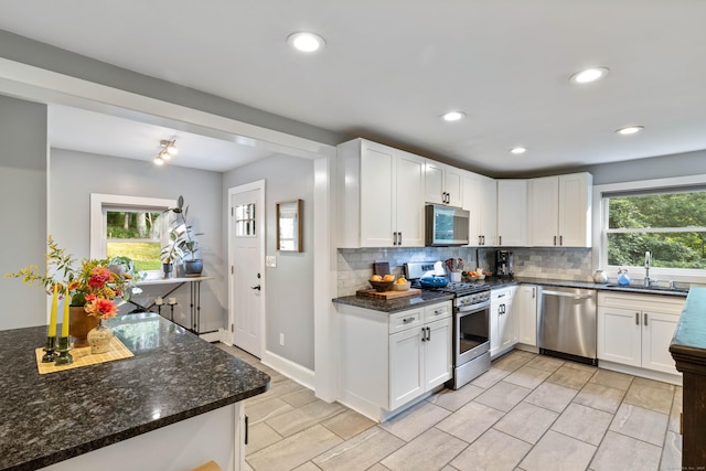 kitchen featuring plenty of natural light, white cabinetry, and stainless steel appliances