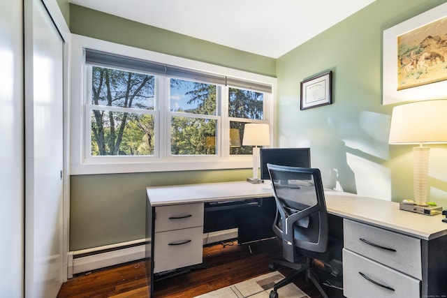 office area featuring dark hardwood / wood-style floors and a baseboard heating unit