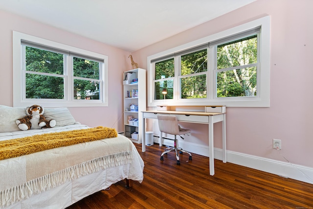 bedroom featuring dark hardwood / wood-style flooring and multiple windows