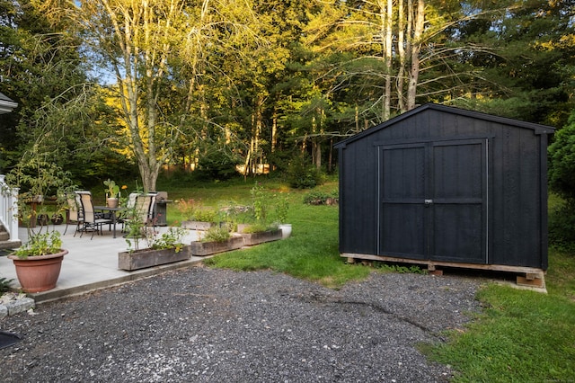 view of yard featuring a shed and a patio