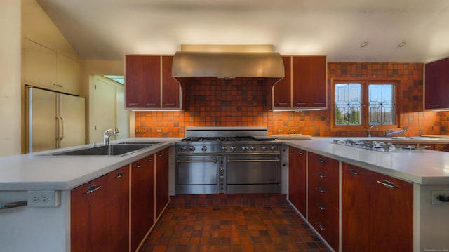 kitchen featuring lofted ceiling, decorative backsplash, sink, white appliances, and ventilation hood