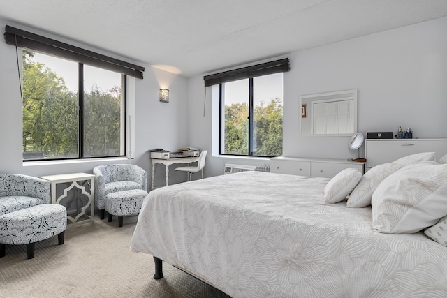 bedroom with carpet, a textured ceiling, and multiple windows