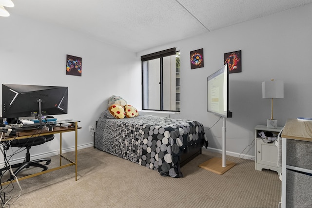 carpeted bedroom with a textured ceiling